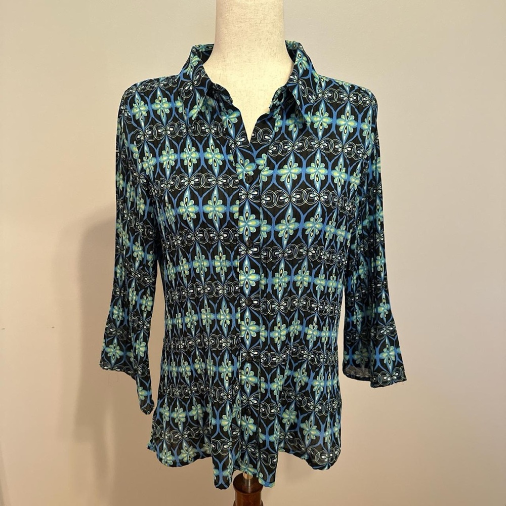 Vintage Peach Velvet Scrunch Bell Sleeve Button Down Retro Floral Print Blouse